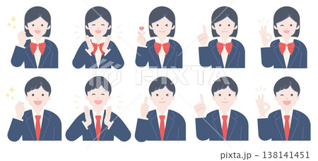 高校生・中学生のポジティブなポーズの人物／男女制服の正面上半身セット 138141451