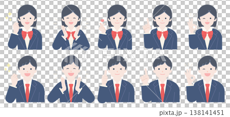 高校生・中学生のポジティブなポーズの人物／男女制服の正面上半身セット 138141451
