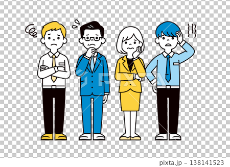 トラブルに困惑する、様々な年代の男女のビジネスパーソンの全身ベクターイラスト素材セット トラブルに困惑する、様々な年代の男女のビジネスパーソンの全身ベクターイラスト素材セット 138141523