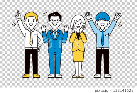 会社の社長・仲間・同僚たちと大喜びする、ビジネスパーソンの全身ベクターイラスト素材セット 138141525