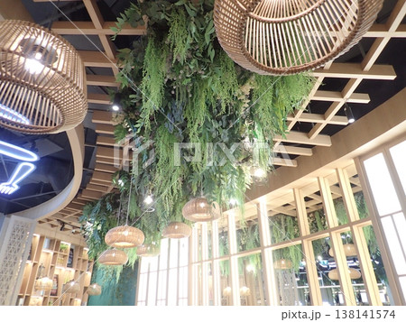 吊り下げ植物と照明のディテール 温かみのあるカフェ内装 138141574