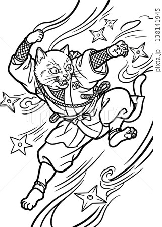 浮世絵風 猫忍者の塗り絵イラスト 線画素材 138141945