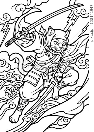 浮世絵風 猫忍者の塗り絵イラスト 線画素材 138141947