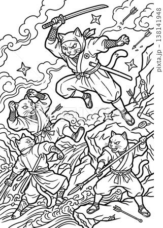 浮世絵風 猫忍者の塗り絵イラスト 線画素材 138141948