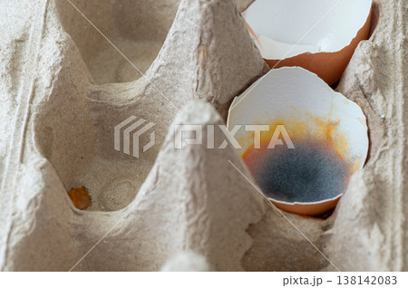 Mold in a cracked egg lying in an egg carton. Mold in a cracked egg lying in an egg carton. 138142083