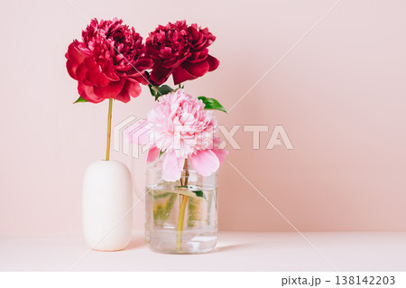 Red peony flower in a vase on a pastel pink background, copy space Red peony flower in a vase on a pastel pink background, copy space 138142203