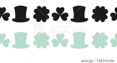 Seamless lines ornament made of Silhouette clover leaves and leprechaun hat Black and Green version. Vector illustration Minimalistic Flat design Greetings Thematic decor for Social media post, labels 138142269