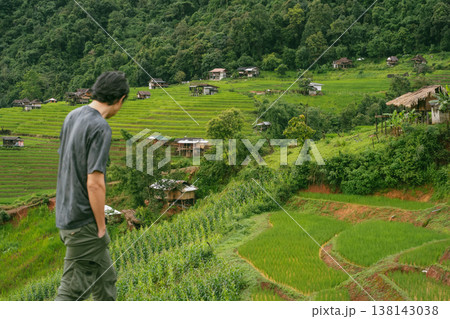 ecology travel with camping outdoor relax in rice field at chiangmai thailand in raining season 138143038