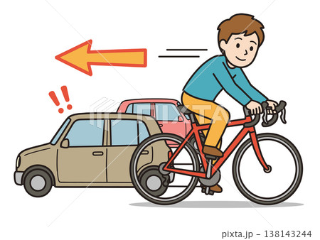 車道を逆走する自転車と自動車のイラスト（右側通行・交通違反・危険運転） 138143244