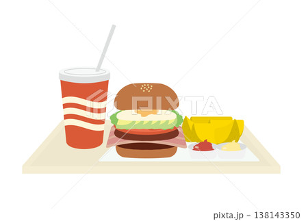 具沢山のハンバーガーとジュースとくし切りの不連理フライのセット 138143350