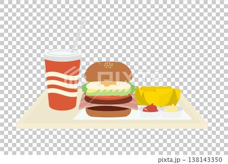 具沢山のハンバーガーとジュースとくし切りの不連理フライのセット 138143350