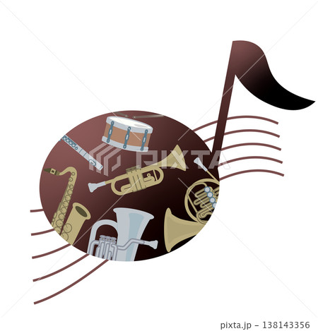 楽器入り音符のイラスト　音楽イベント・演奏会装飾素材（ブラウン） 138143356