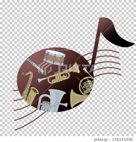 帶有樂器的音符插圖 - 音樂活動和音樂會的裝飾材料（棕色） 138143356