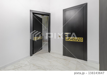 Modern Apartment Hallway with Designer Black Doors and Marble Flooring Modern Apartment Hallway with Designer Black Doors and Marble Flooring 138143647
