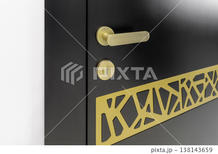 Luxury Black Entrance Door with Modern Brass Handle and Decorative Gold Inlay Luxury Black Entrance Door with Modern Brass Handle and Decorative Gold Inlay 138143659