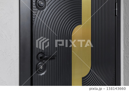 Luxury Black Armored Entrance Door with Decorative Arched Patterns and Gold Inlay Luxury Black Armored Entrance Door with Decorative Arched Patterns and Gold Inlay 138143660