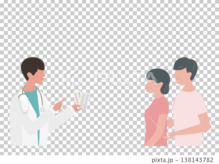 薬の説明をする医師と高齢夫婦のベクターイラスト素材 138143782