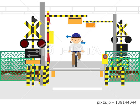自転車の踏切前での一時停止と左右確認を行っている人のイラスト 自転車の踏切前での一時停止と左右確認を行っている人のイラスト 138144044