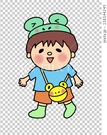 Rainy season: Children's illustration of a frog hat and rain boots character. Rainy season: Children's illustration of a frog hat and rain boots character. 138144245