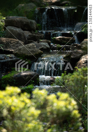 Close-up of a Serene Garden Waterfall Flowing Over Mossy Rocks Close-up of a Serene Garden Waterfall Flowing Over Mossy Rocks 138144483