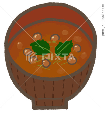 なめこの味噌汁、赤だし、シンプルでかわいくデフォルメしたイラスト（暮らしシリーズ） 138144536