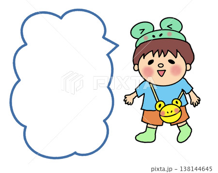 かえるの帽子で梅雨もへっちゃら、おしゃれなカバンと長靴の男の子 138144645