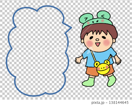 かえるの帽子で梅雨もへっちゃら、おしゃれなカバンと長靴の男の子 138144645