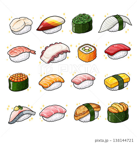 Cute Japanese Sushi and Rolls Vector Set 138144721