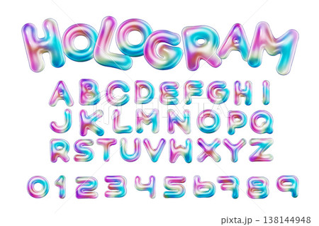 3d style vector of inflated glossy hologram alphabet and numbers on white background 138144948