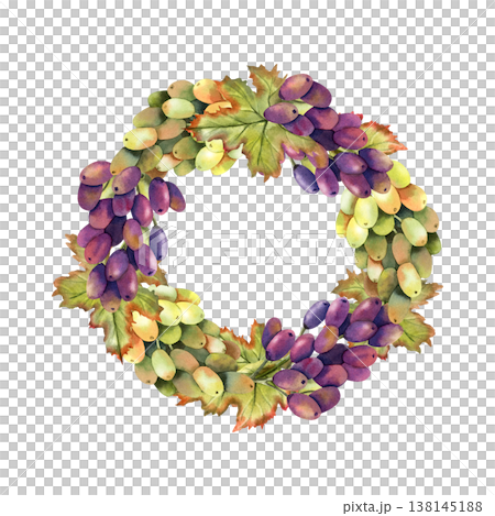 Watercolor green and black grapes vine round wreath. Isolated Illustration of purple grape bunch. Round frame, banner of botanical autumn berries. For label, logo, restaurant menu, packaging design 138145188