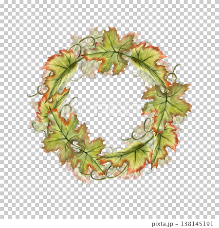 Grapevine circle wreath. Watercolor green leaves frame with copy space. Hand drawn Illustration isolated on transparent background. For label, branding, kitchen decoration, tea, oil packaging 138145191