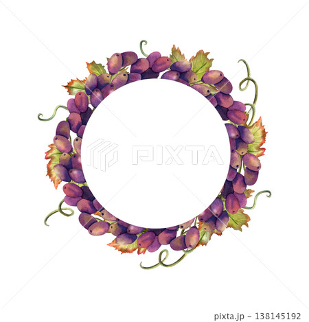 Black grapes vine wreath watercolor. Circle frame with copy space inside, leaves, branch, bunch purple juicy autumn berry. Hand drawn isolated illustration for label, packaging design, menu design Black grapes vine wreath watercolor. Circle frame with copy space inside, leaves, branch, bunch purple juicy autumn berry. Hand drawn isolated illustration for label, packaging design, menu design 138145192