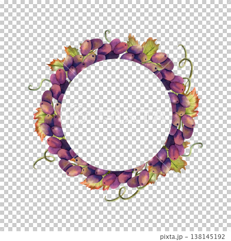Black grapes vine wreath watercolor. Circle frame with copy space inside, leaves, branch, bunch purple juicy autumn berry. Hand drawn isolated illustration for label, packaging design, menu design Black grapes vine wreath watercolor. Circle frame with copy space inside, leaves, branch, bunch purple juicy autumn berry. Hand drawn isolated illustration for label, packaging design, menu design 138145192