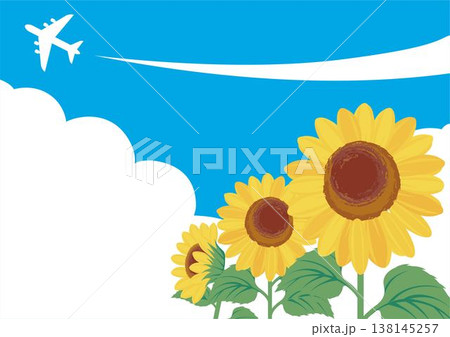 夏の青空とひまわりのフレーム背景イラスト 飛行機と飛行機雲の広がる風景 暑中見舞い素材 138145257
