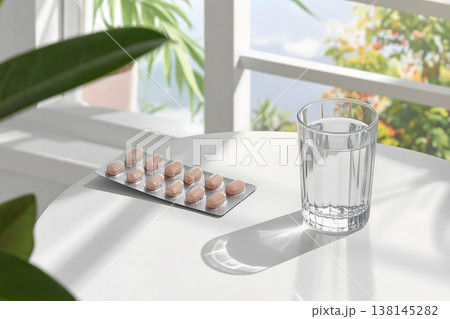 朝の光の中で処方薬を服用する習慣。医師の指示に基づいた適切な服薬、健康管理、セルフメディケーションの 138145282