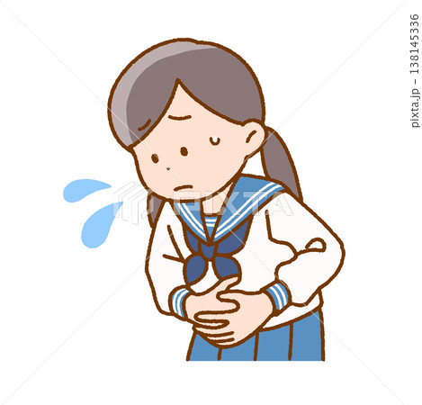 お腹に違和感を感じる女子中学生｜腹痛・生理痛・ストレス 138145336