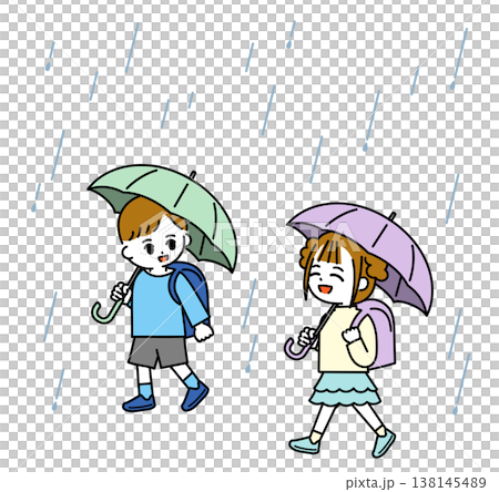 雨傘をさして登校するこども 雨傘をさして登校するこども 138145489