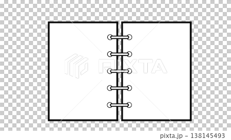 Line drawings on a 5-ring binder or ring notebook spread, with a white background. Line drawings on a 5-ring binder or ring notebook spread, with a white background. 138145493