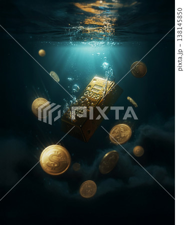 海の中に、金塊の上に金貨が落ちてくる 138145850