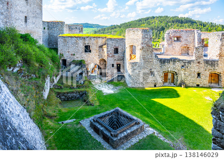 Visitors explore the large courtyard of Rabi Castle, a historic ruin in Bohemia. The stone walls surround grassy areas and remnants of buildings under a bright sky. Visitors explore the large courtyard of Rabi Castle, a historic ruin in Bohemia. The stone walls surround grassy areas and remnants of buildings under a bright sky. 138146029