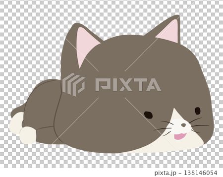 うつ伏せで寝る笑顔のハチワレ猫 138146054