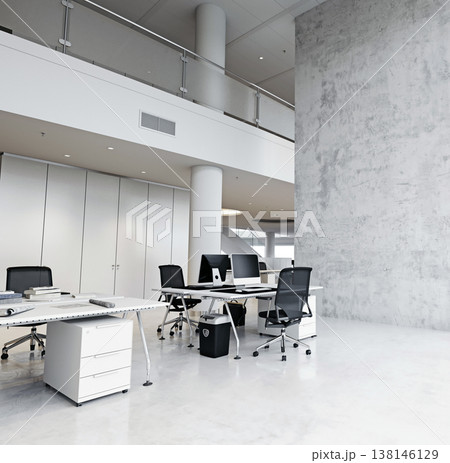 Modern empty open plan office interior with white desks and concrete wall. 3d render workspace Modern empty open plan office interior with white desks and concrete wall. 3d render workspace 138146129
