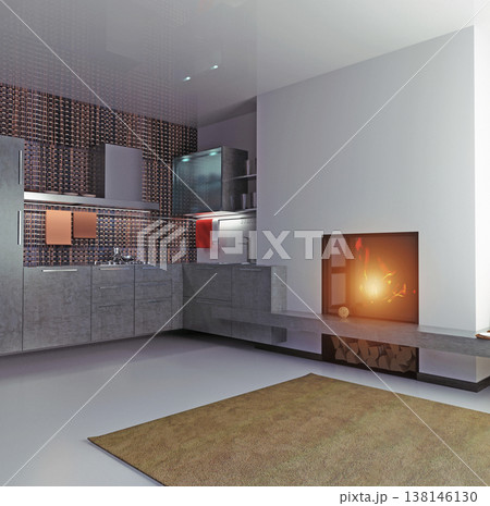 Modern kitchen interior with grey cabinets and built-in fireplace. 3d render home design 138146130