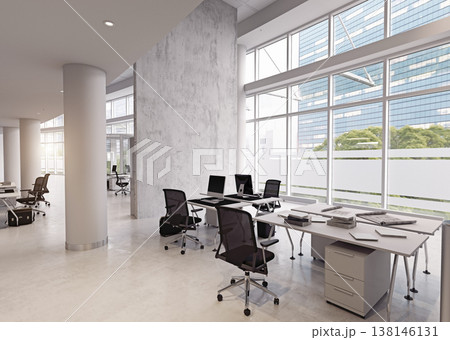 Bright modern open plan office interior with large windows and city view. 3d render workspace 138146131