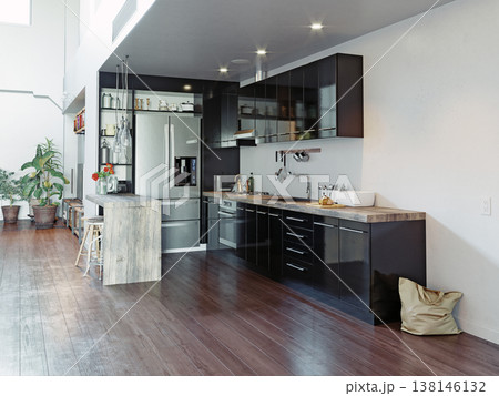 Modern kitchen interior with dark glossy cabinets. 3D render of home with rustic wooden island 138146132