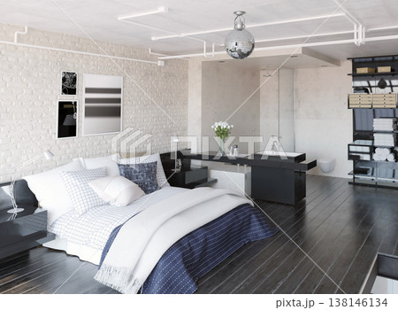 Industrial bedroom interior with open bathroom. 3D render of modern loft with white brick wall Industrial bedroom interior with open bathroom. 3D render of modern loft with white brick wall 138146134