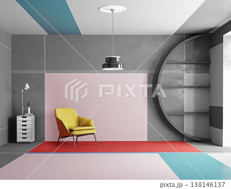 Abstract geometric interior with yellow armchair. 3D render of colorful modern room design 138146137