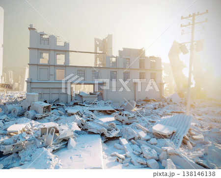 White clay 3D render of a destroyed city. Post apocalyptic urban landscape with ruins and rubble 138146138