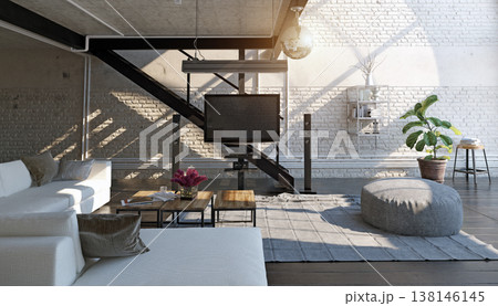 Modern loft living room interior with white brick walls and metal staircase. 3d render 138146145