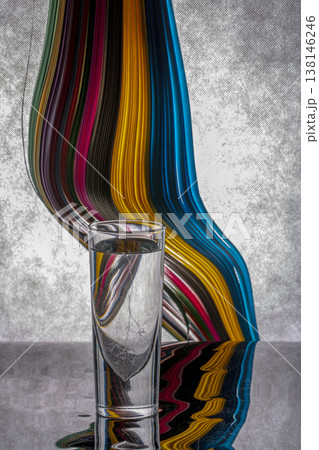 A glass of water against a background of stripes of colored paper A glass of water against a background of stripes of colored paper 138146246